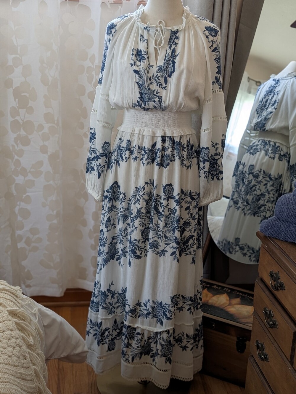 Chico's Women's Size 6 White and Blue Floral Maxi Dress with Smocked Waist